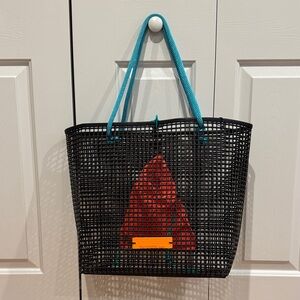 Chic Black Mesh Tote with Teal Handles